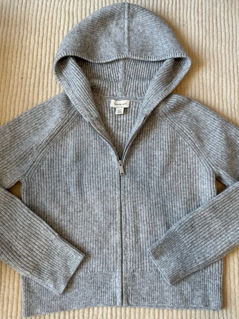 Calvin Klein Jeans Ribbed Knit Zip Hoodie Sweater in Gray